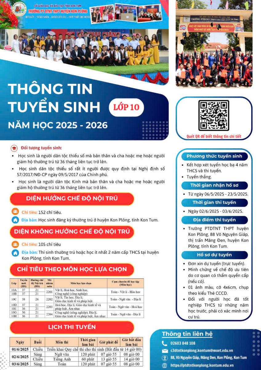 QUYẾT ĐỊNH Về việc công nhận học sinh trúng tuyển vào lớp 10 Trường Phổ thông DTNT THPT huyện Kon Plông, năm học 2025-2026 (Có danh sách trúng tuyển kèm theo)
