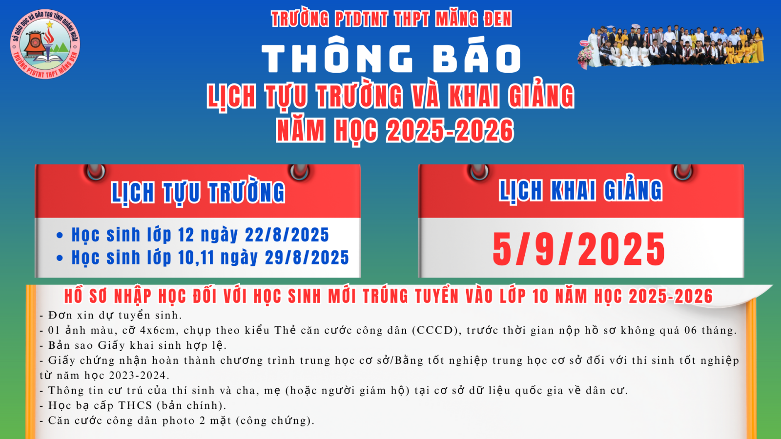 THÔNG BÁO LỊCH TỰU TRƯỜNG VÀ KHAI GIẢNG NĂM HỌC MỚI 2025-2026